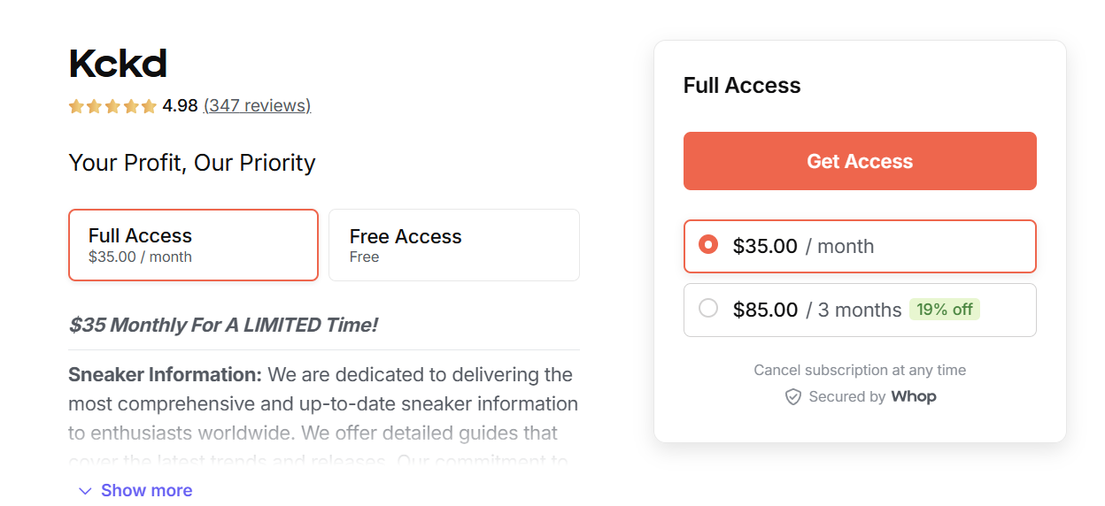 KCKD pricing subscription whop dashboard screenshot