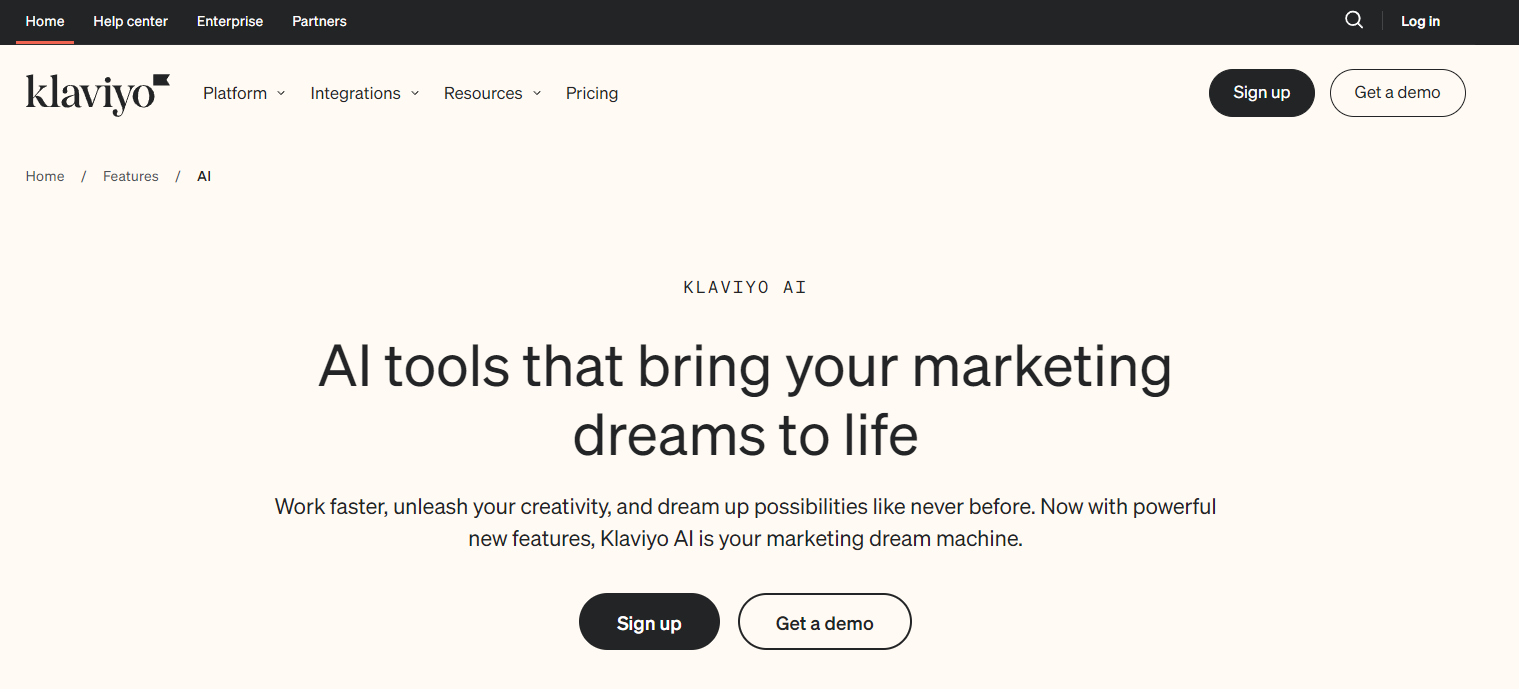 Klaviyo AI homepage screenshot