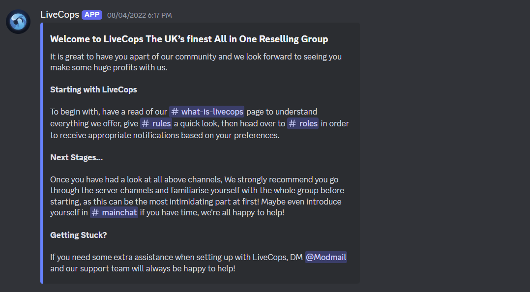 LiveCops discord welcome channel screenshot