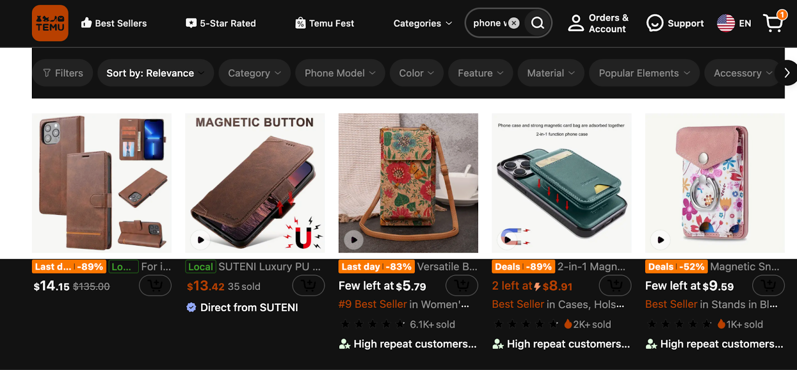 Phone accessories on temu screenshot