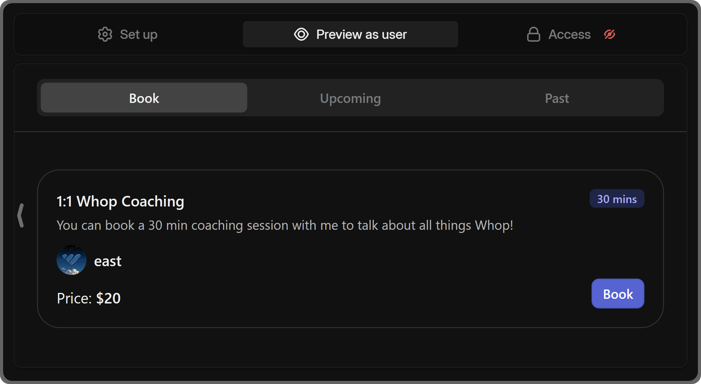 The Preview as user section of the Calendar Bookings app on Whop