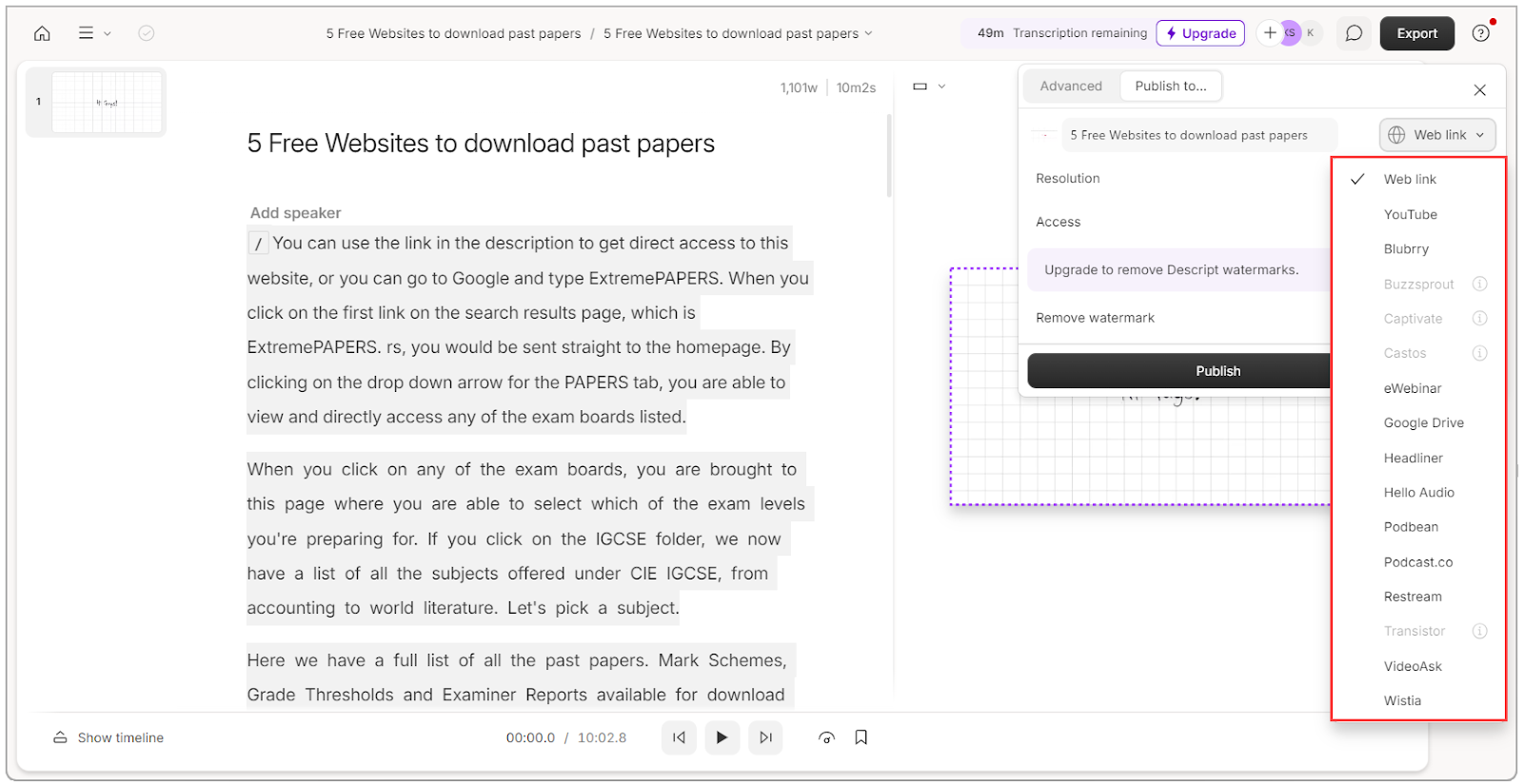 Publish projects to external platforms on descript