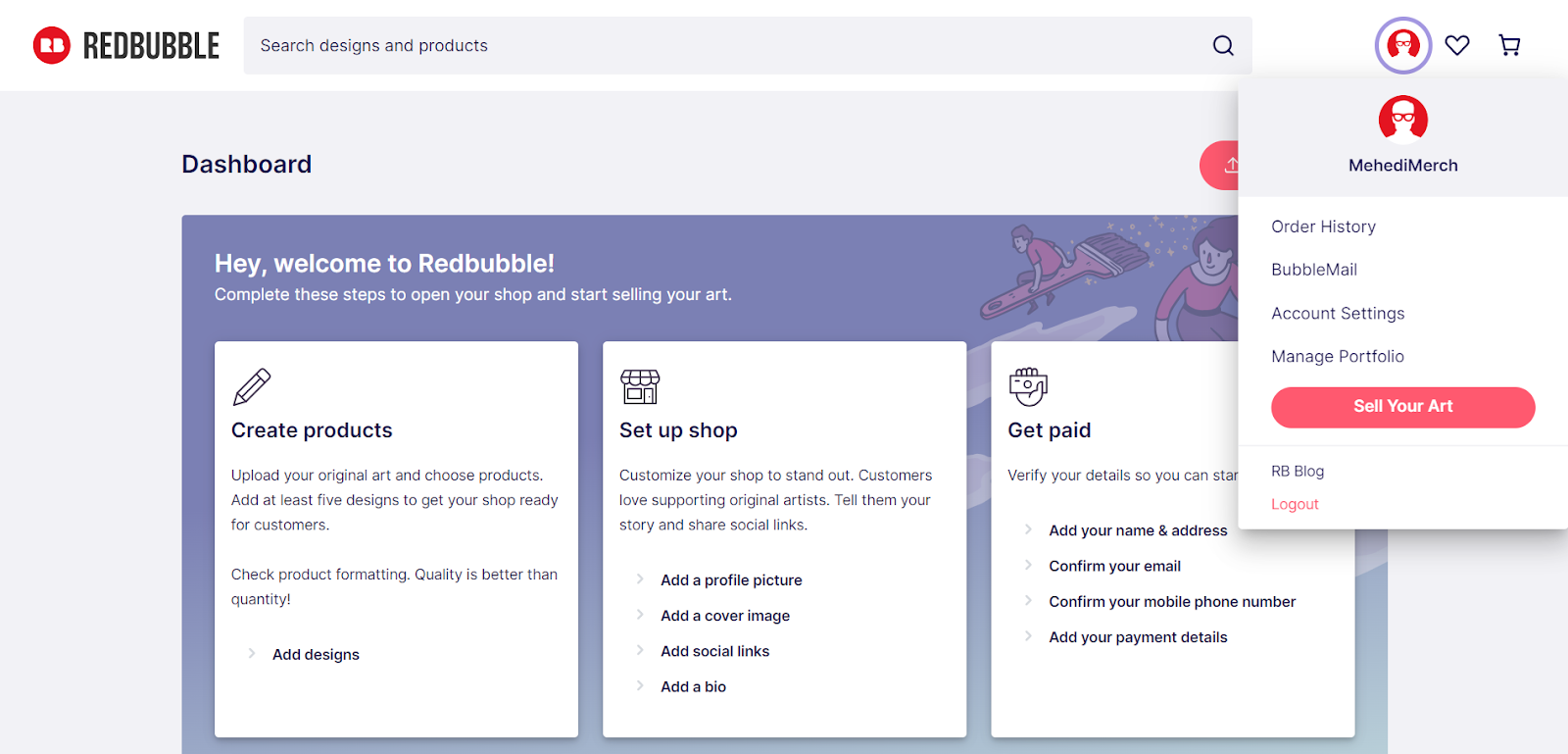 Redbubble dashboard