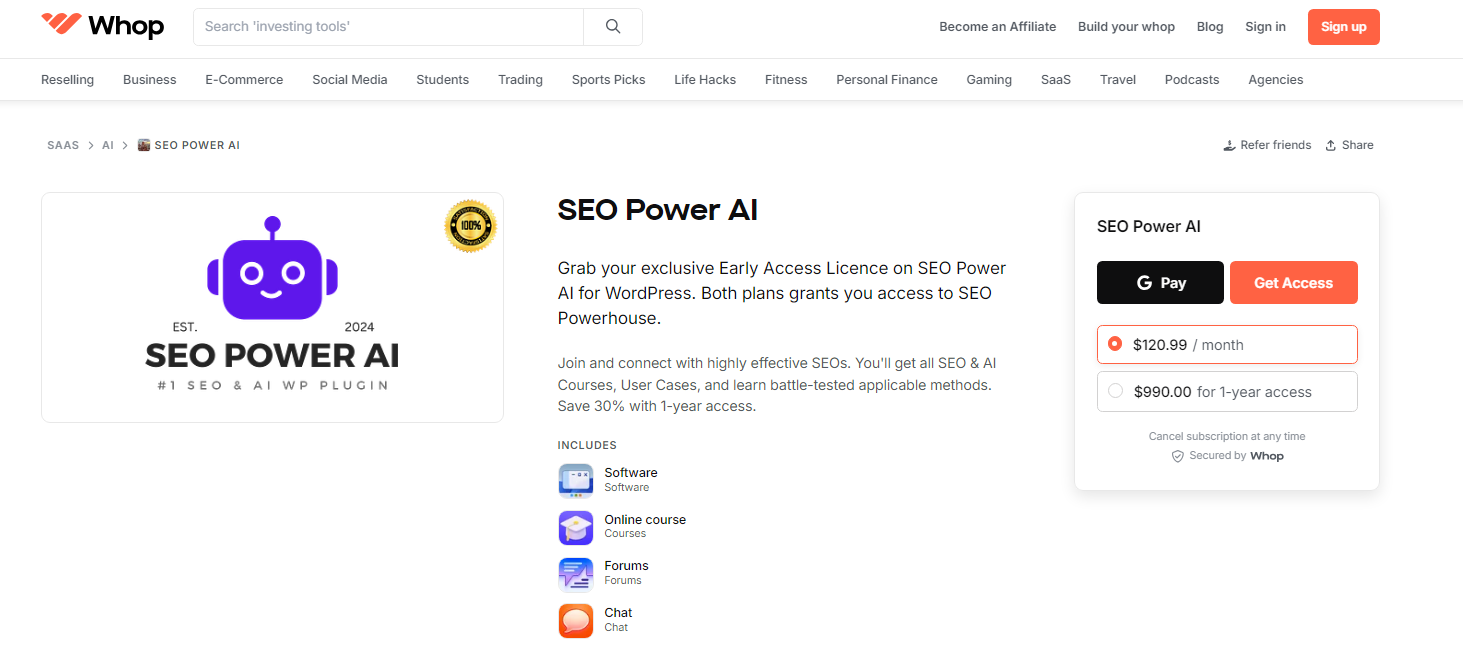 SEO Power AI whop dashboard screenshot optimize your ebook