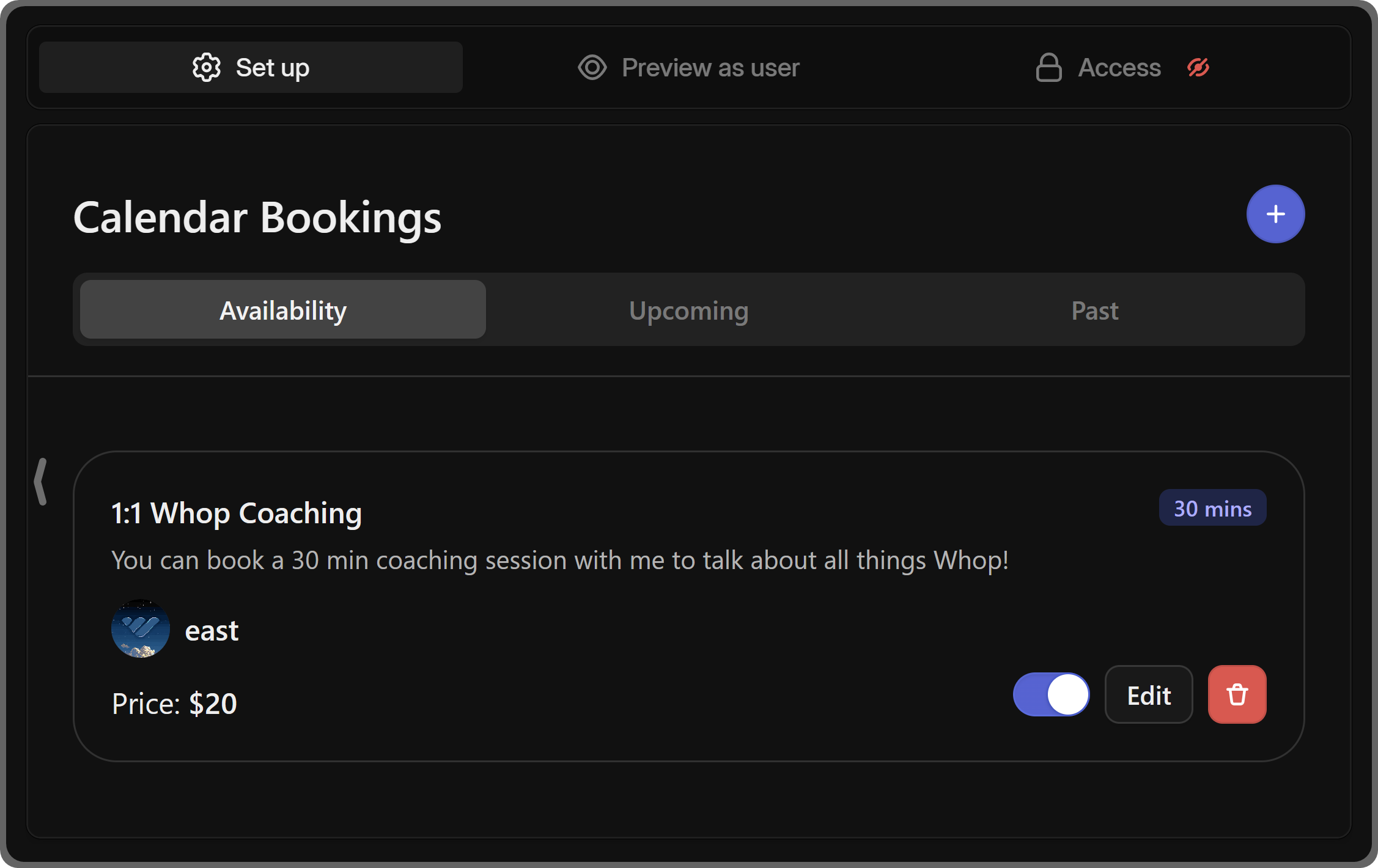 The Set up section of the Calendar Bookings app on Whop