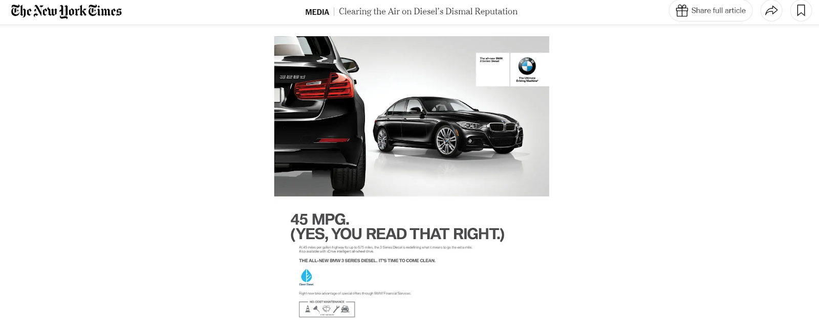 The New York Times & BMW contextual advertising example screenshot