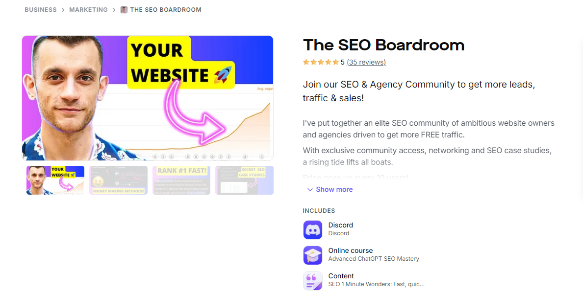 The SEO boardroom whop marketplace dashboard screenshot