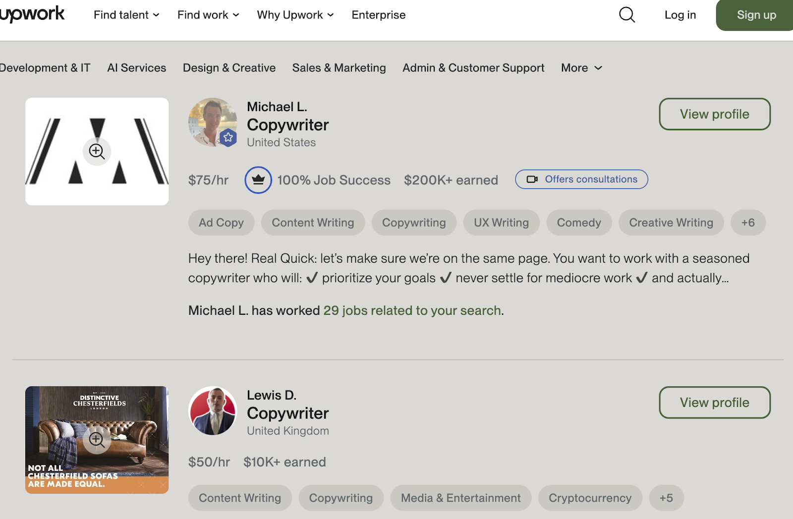Upwork copywriters