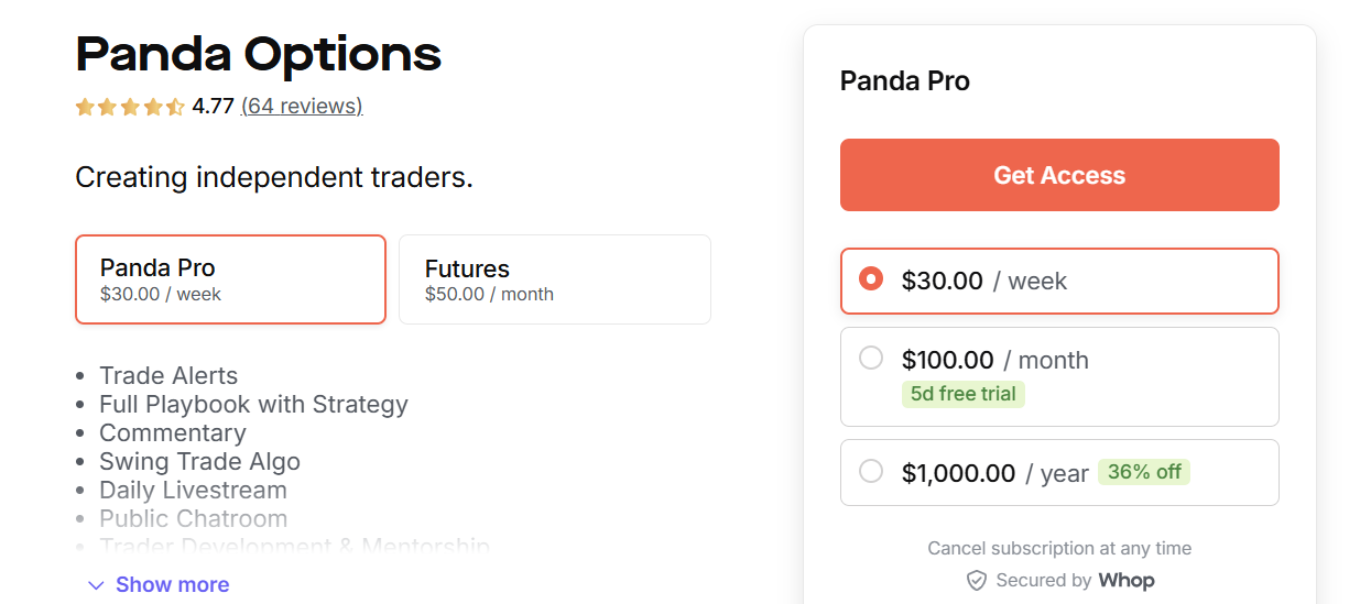 Which membership to choose whop marketplace panda options screenshot