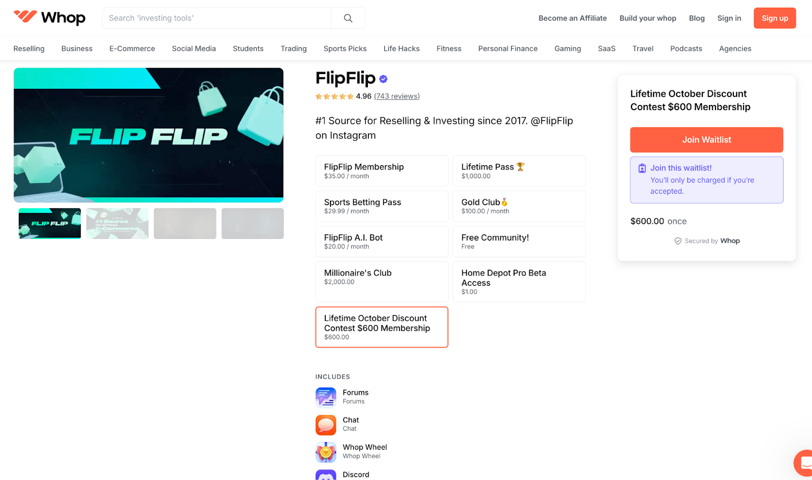 Whop flip flip dashboard screenshot