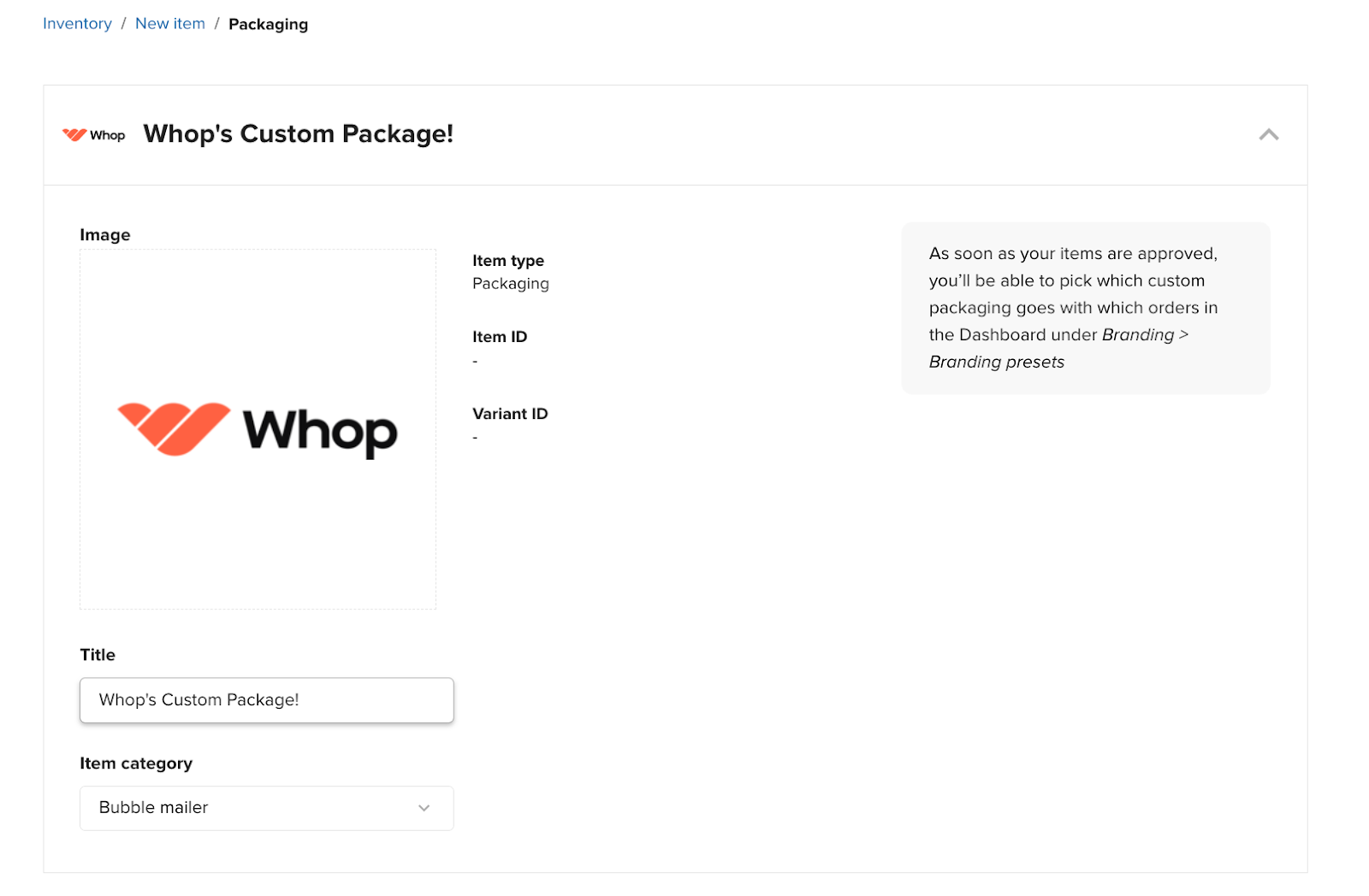 Whops custom packaging screenshot