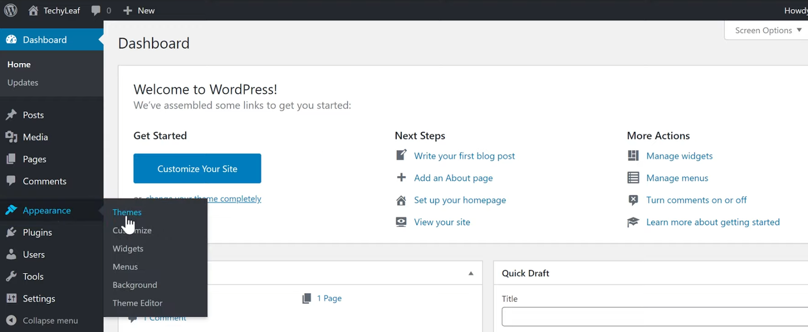 WordPress dashboard