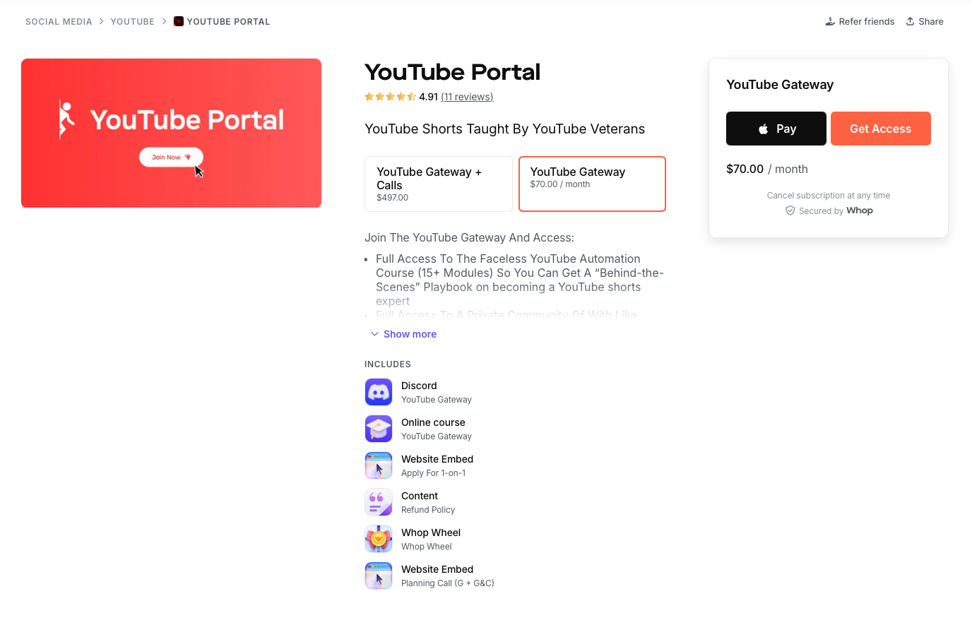 Youtube portal whop homepage screenshot