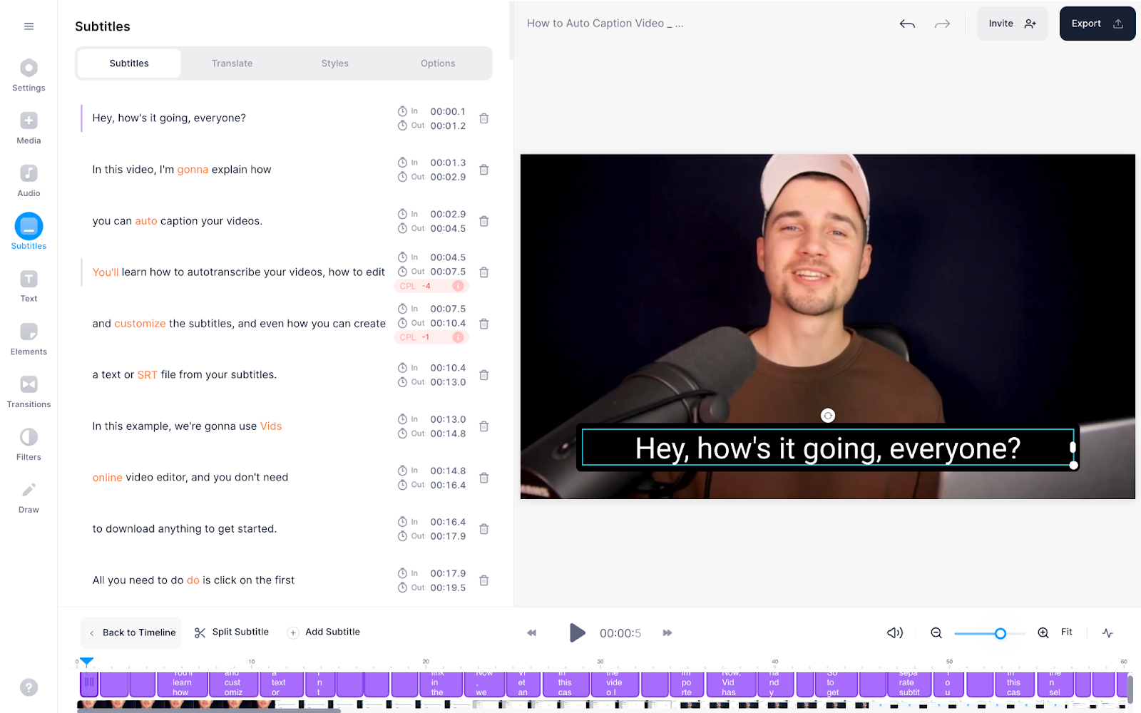 adding text and subtitles on Veed