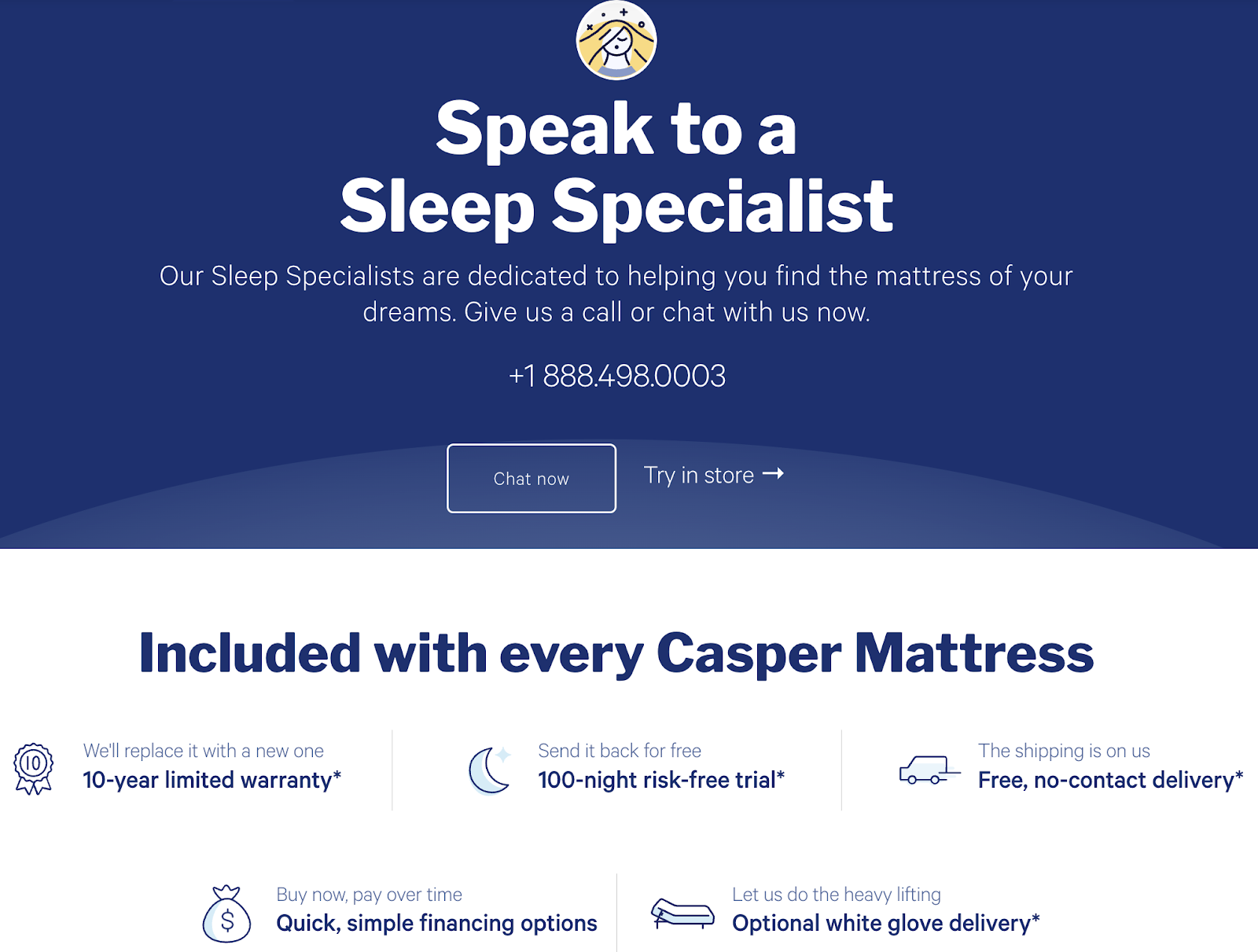 casper snow mattress call to action and contact screenshot