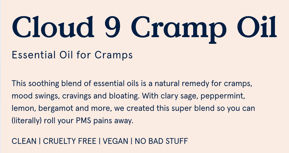 cloud 9 cramp oil product description screenshot