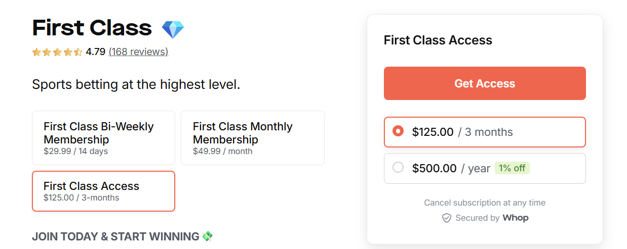 first class membership costs whop dashboard screenshot