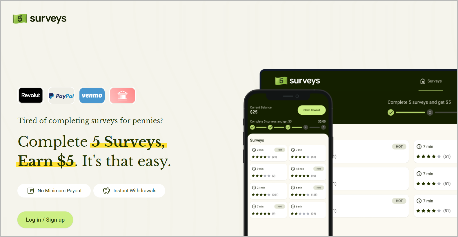 five surveys home page screenshot