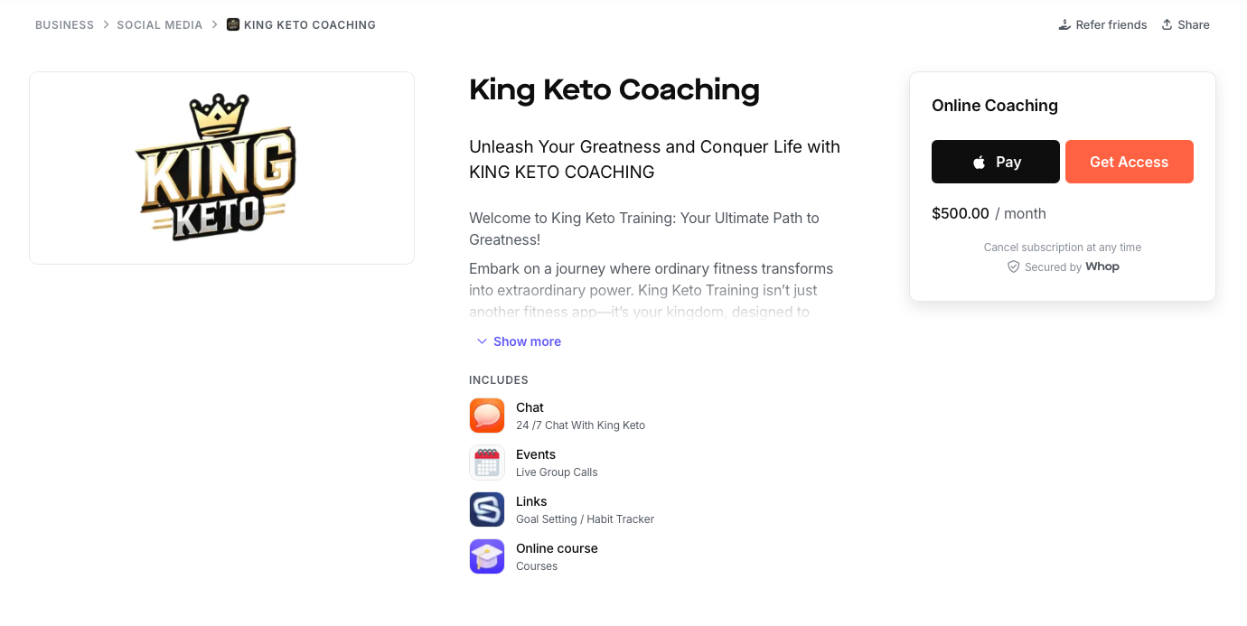 king keto coaching whop marketplace screenshot