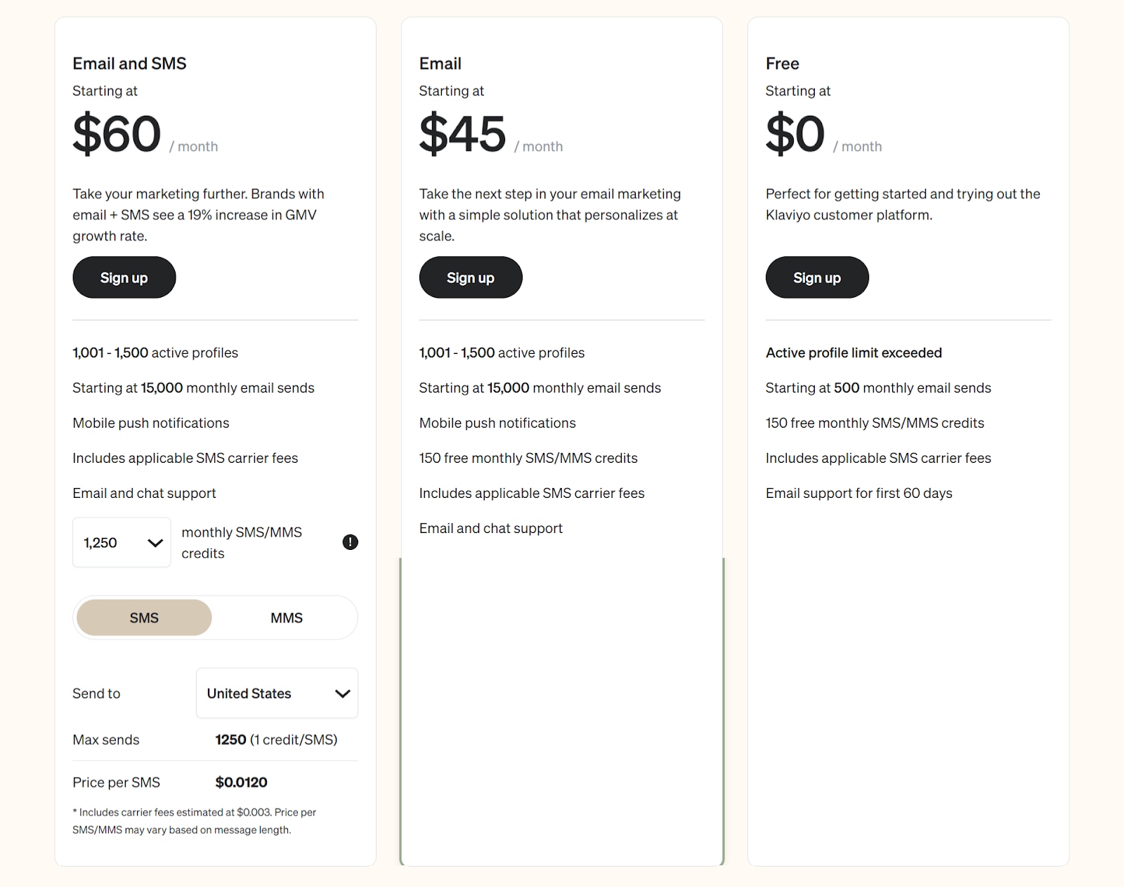 klaviyo pricing screenshot