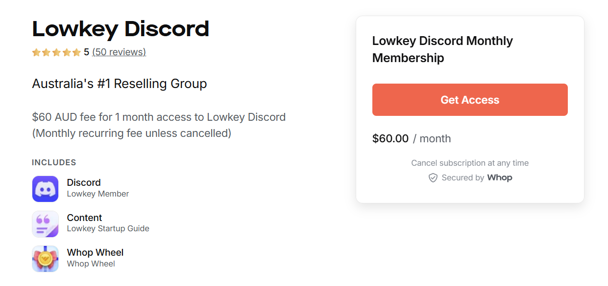 lowkey discord pricing whop dashboard screenshot