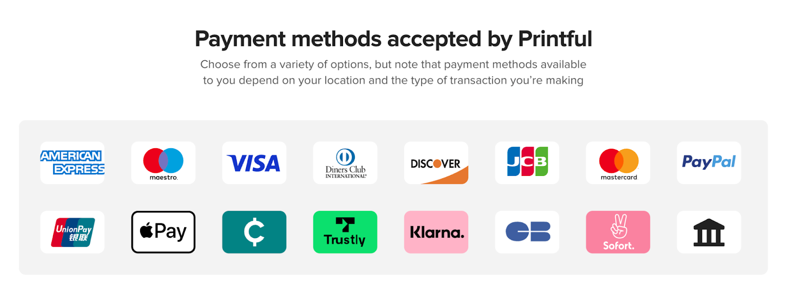 payment methods accepted on printful  screenshot