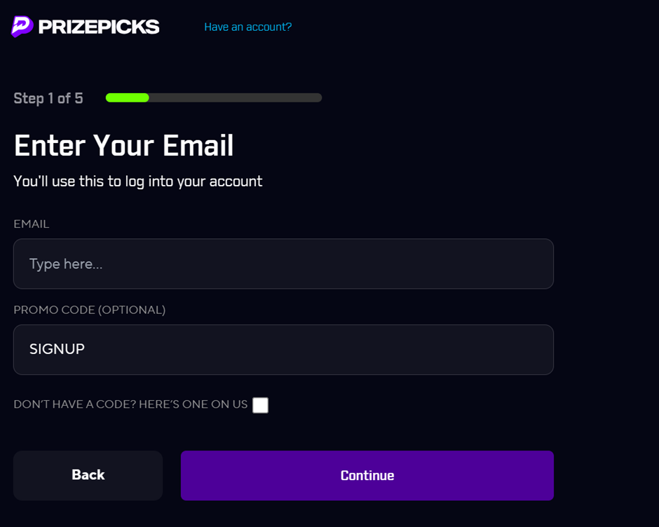 prizepicks signup screenshot