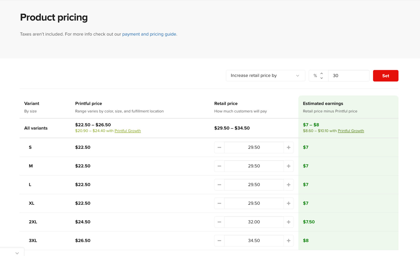 product pricing printful screenshot