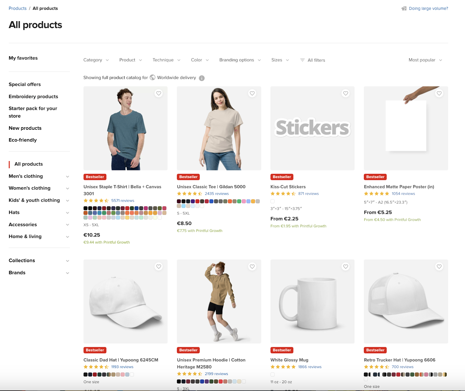 product selection on printful screenshot