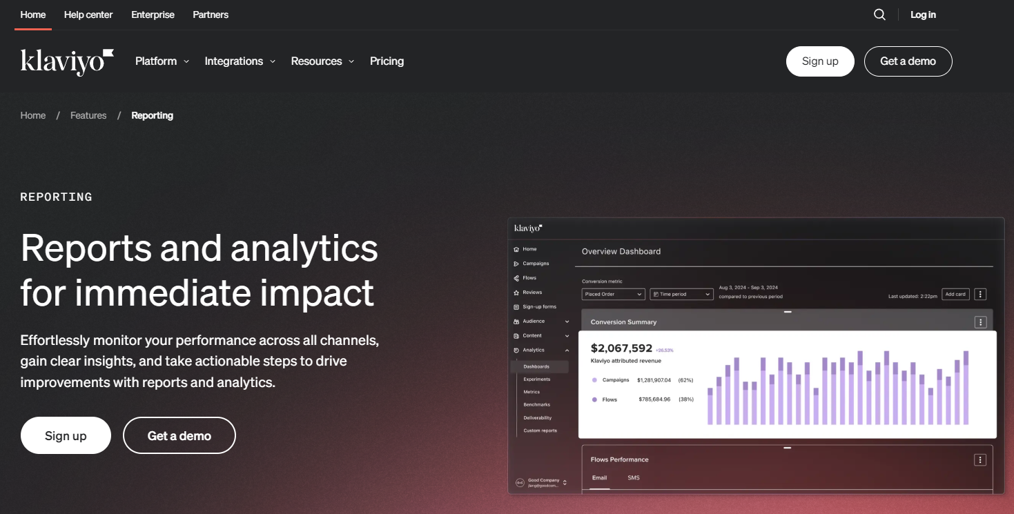 reports and analytics on klaviyo screenshot