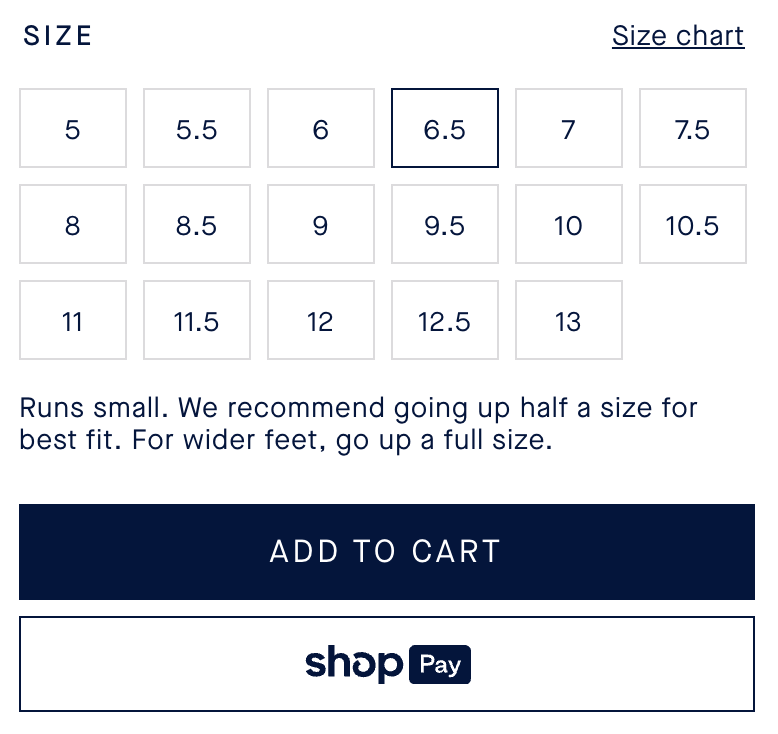 rothy's innovative size chart product screenshot