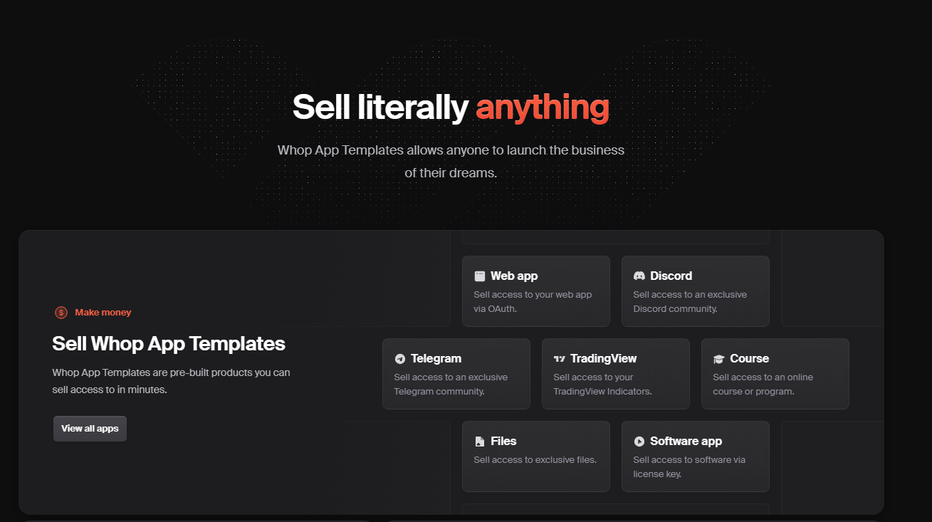 sell literally anything on whop dashboard screenshot