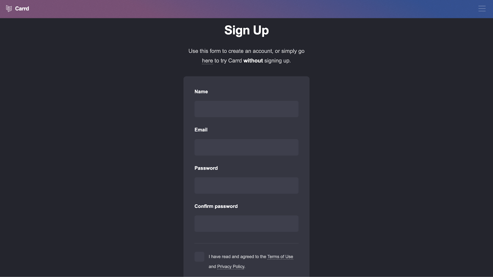 signing up with carrd screenshot