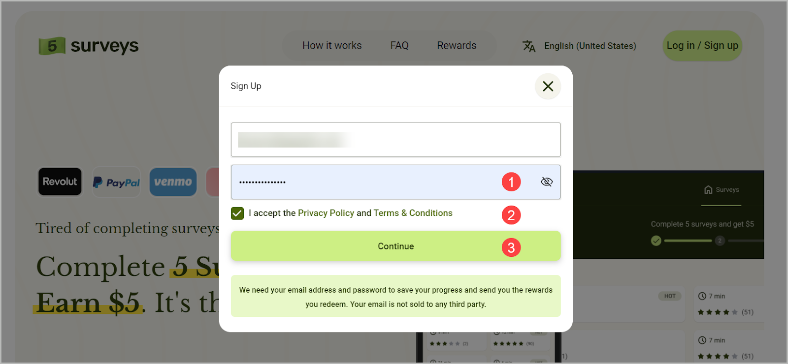 signing up with password five surveys screenshot