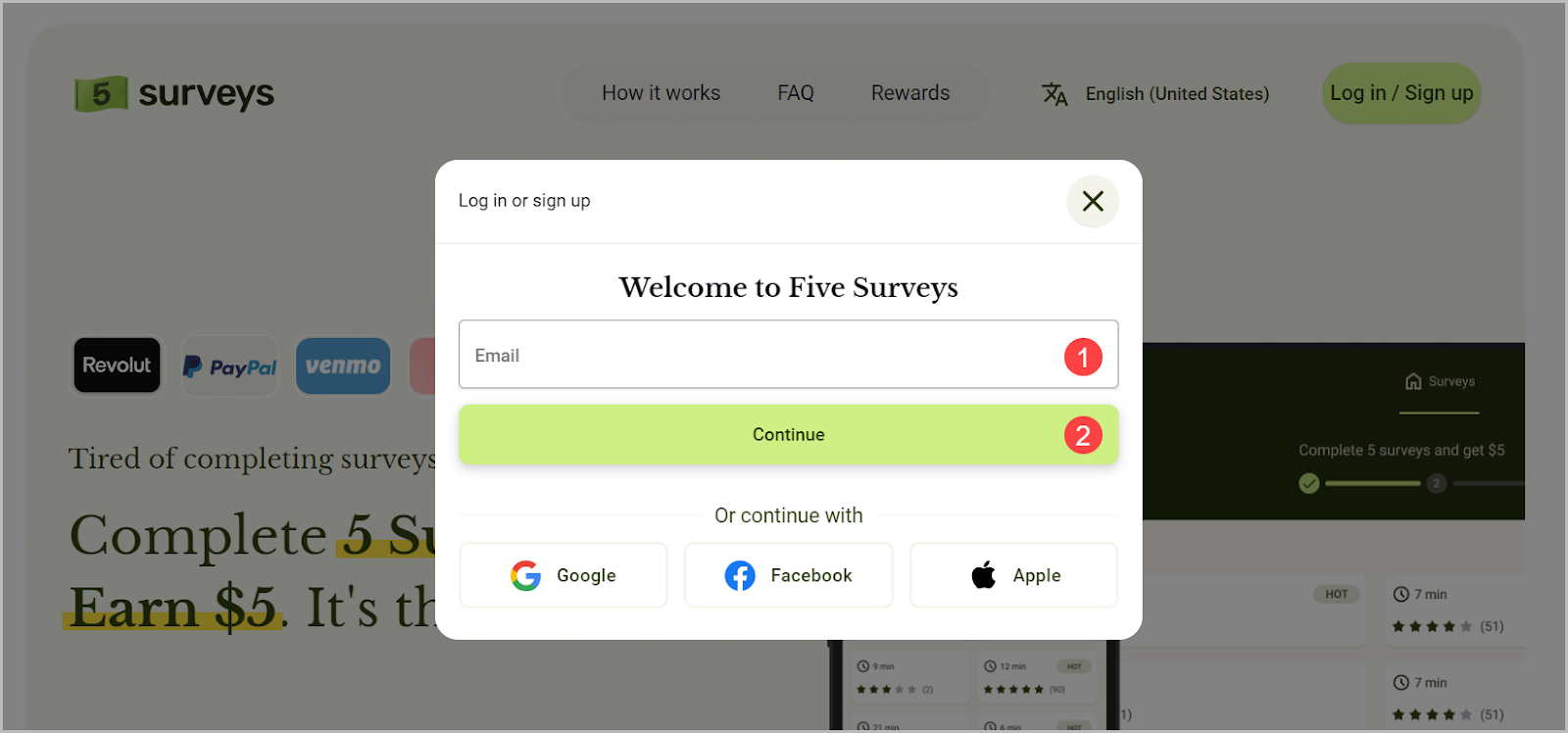 welcome to five surveys screenshot