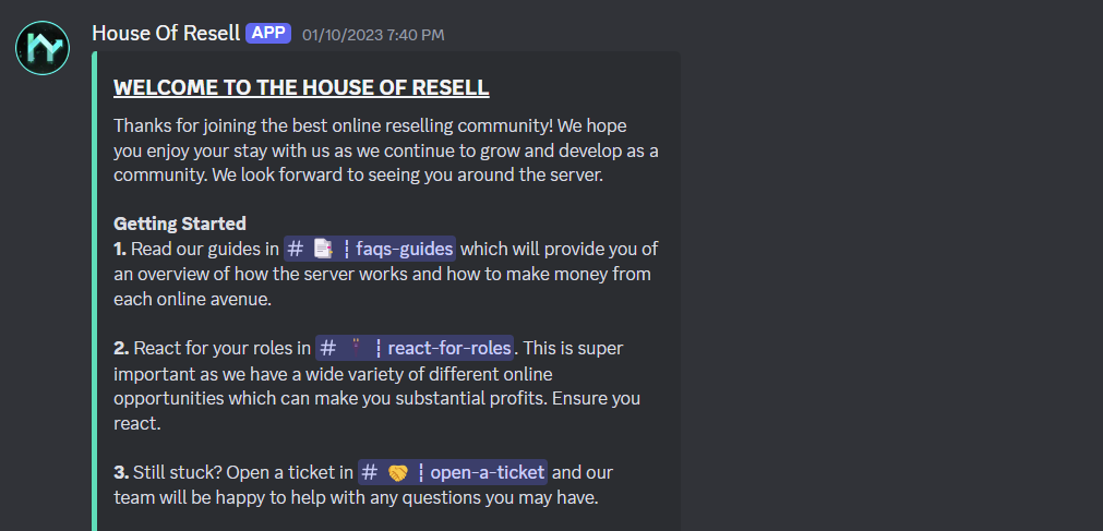 welcome to the house of resell discord channel screenshot