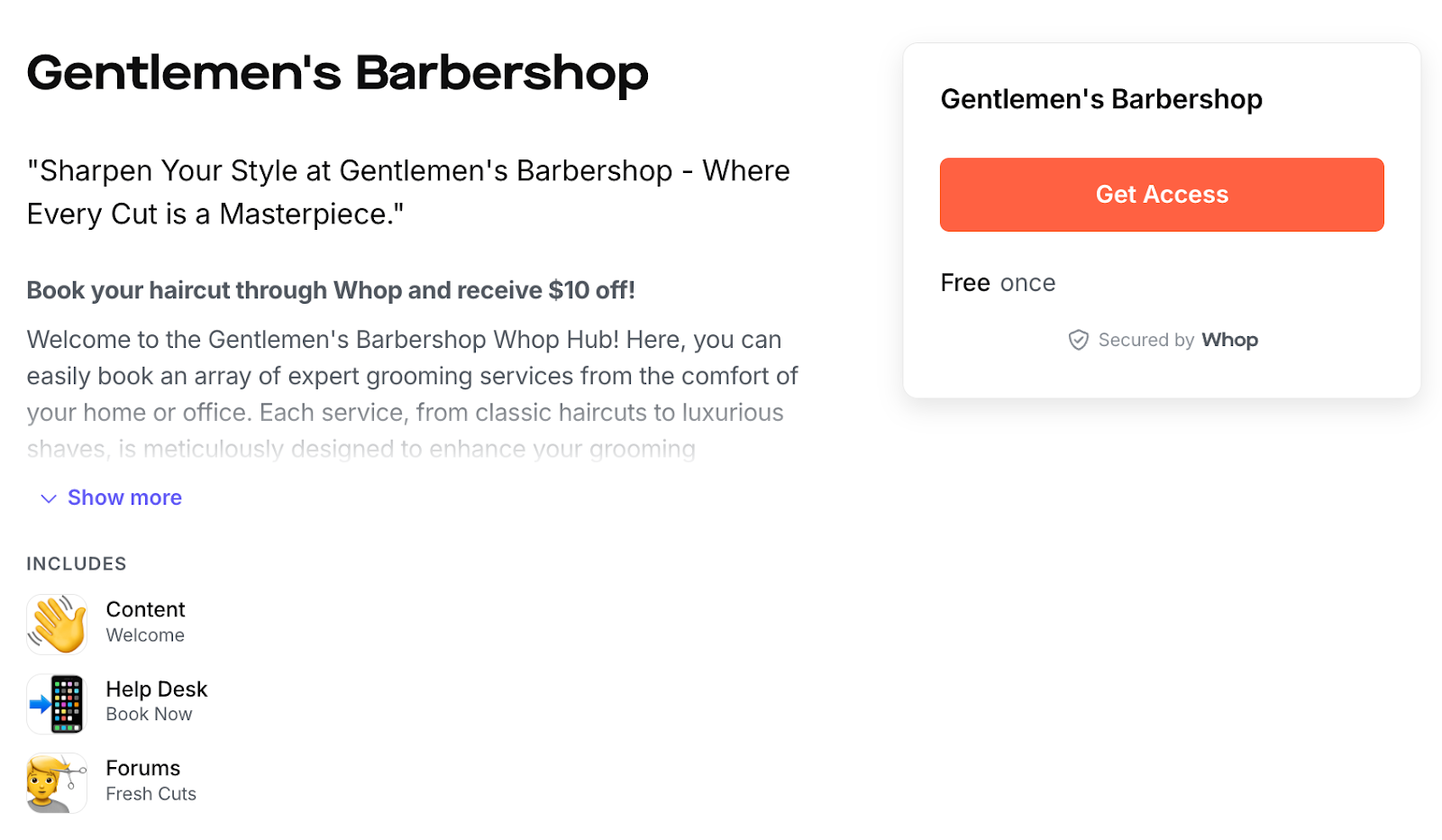 whop gentlemens barbershop product page screenshot