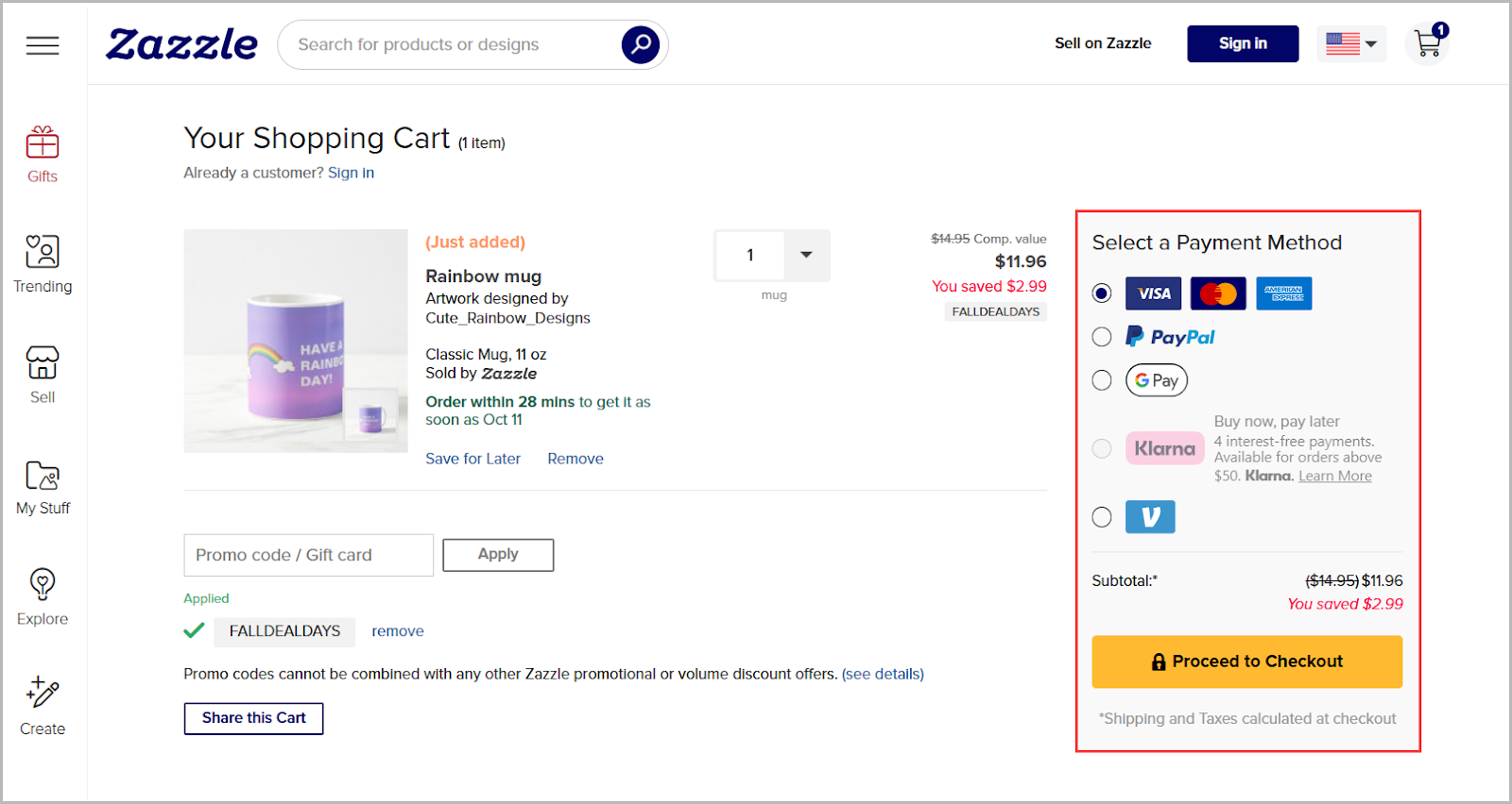 zazzle multiple payment and shipping options screenshot