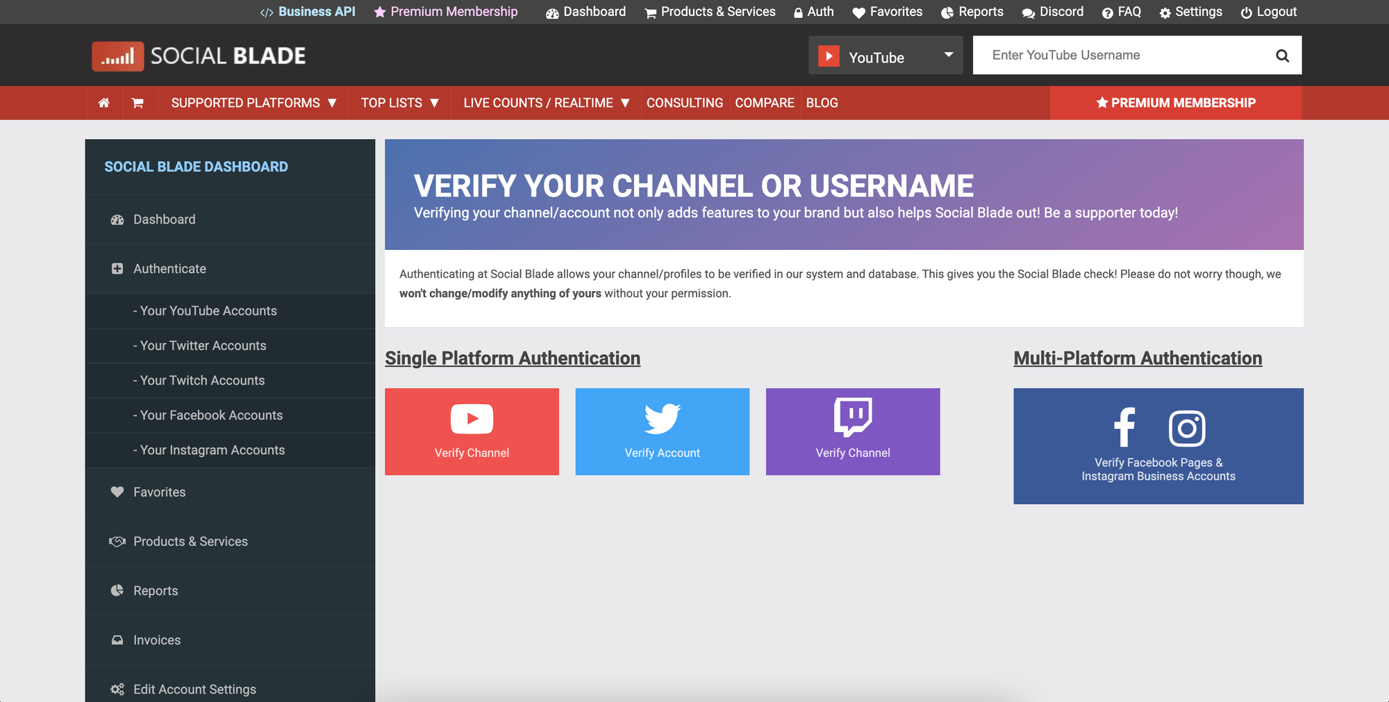 authenticate with Social Blade