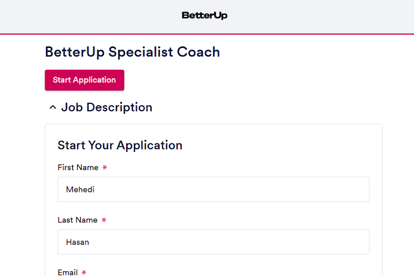 BetterUp Coach application page