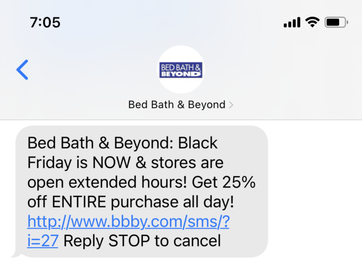 Black friday SMS Bed Bath & Beyond