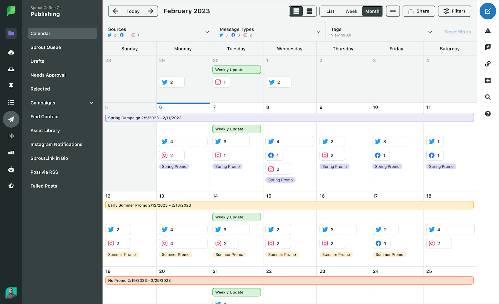 Content calendar with multi-campaign management sprout social screenshot