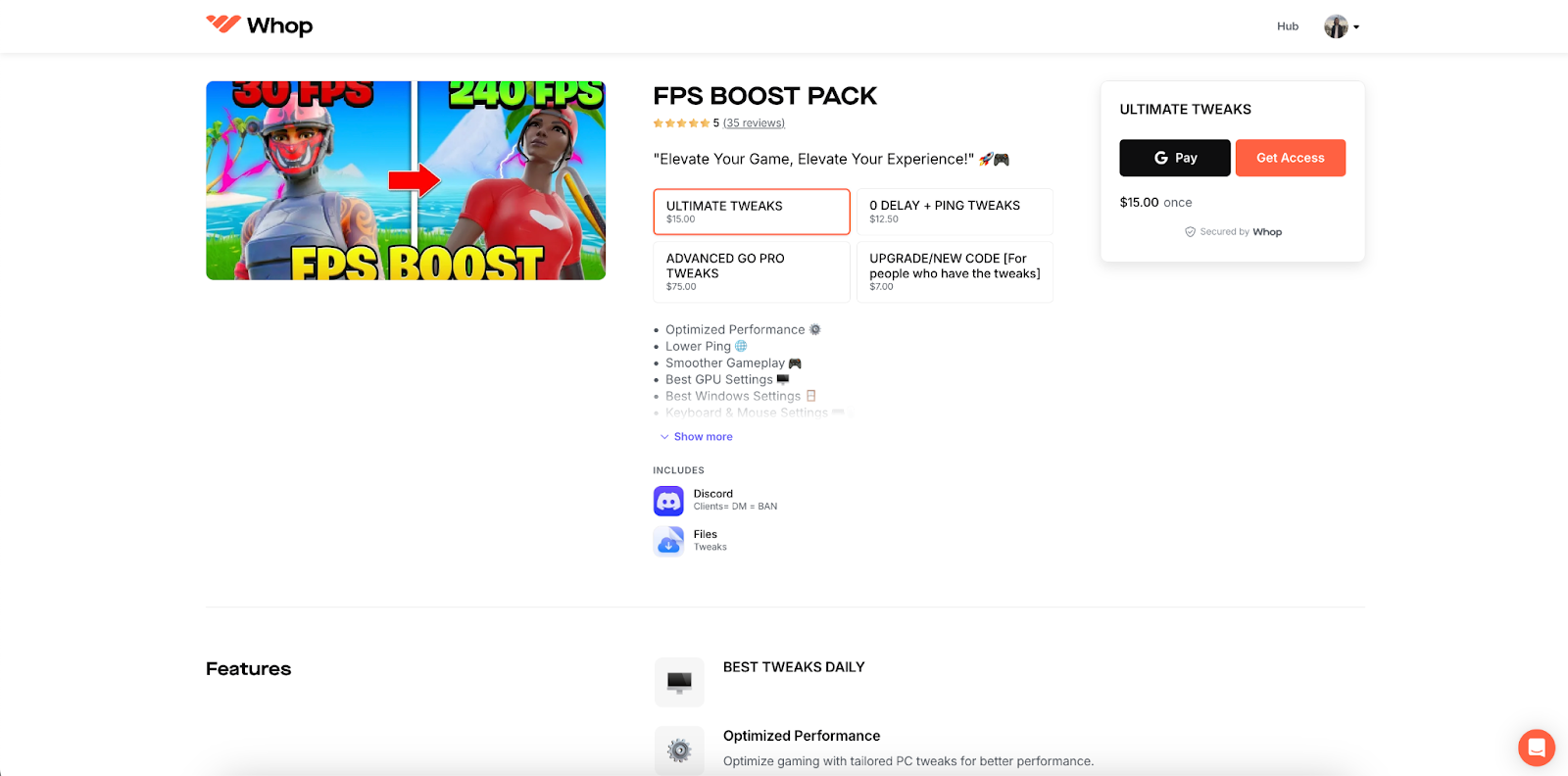 FPS boost pack marketplace whop screenshot