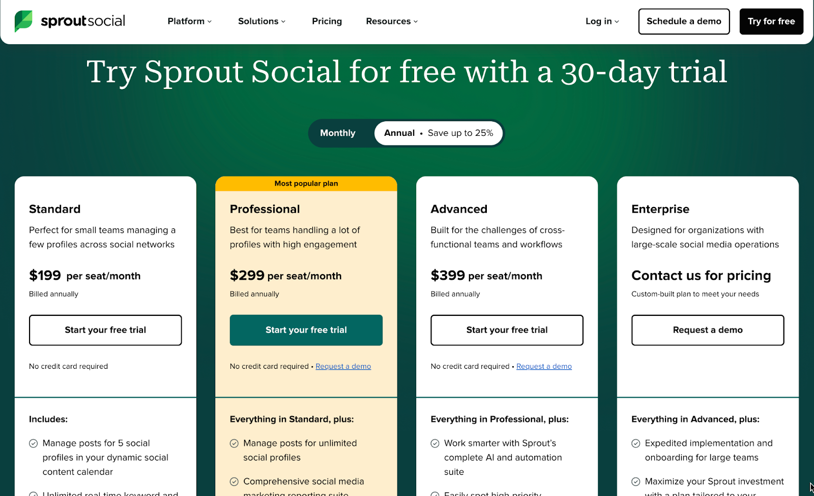 Sprout Social pricing screenshot