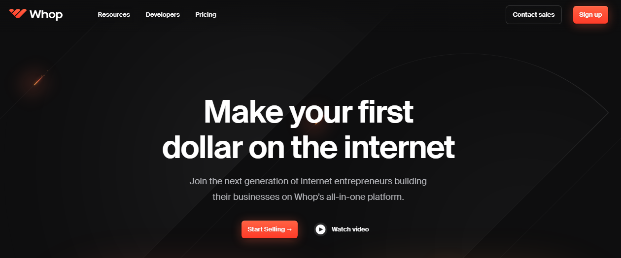 Whop marketplace home page make money on the internet screenshot