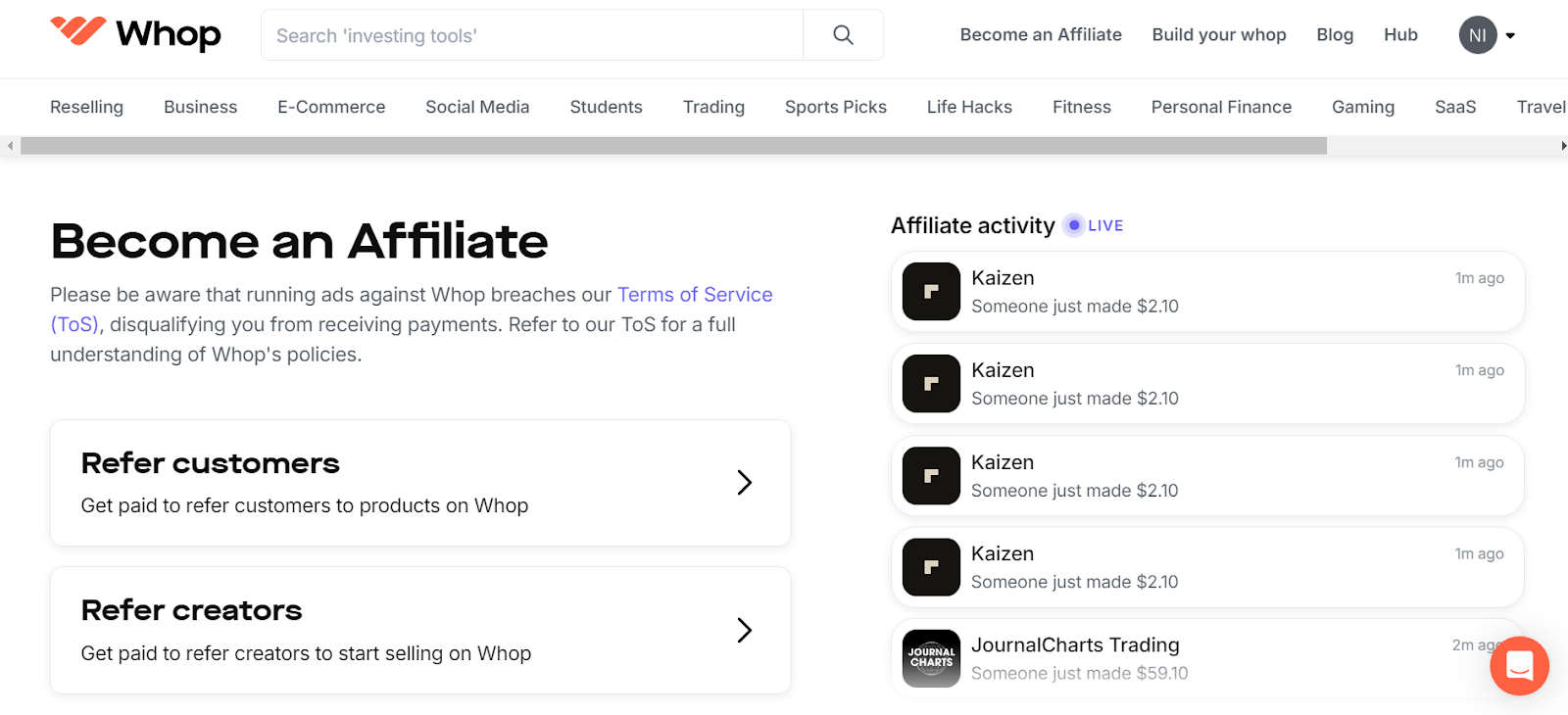 become an affiliate at whop dashboard