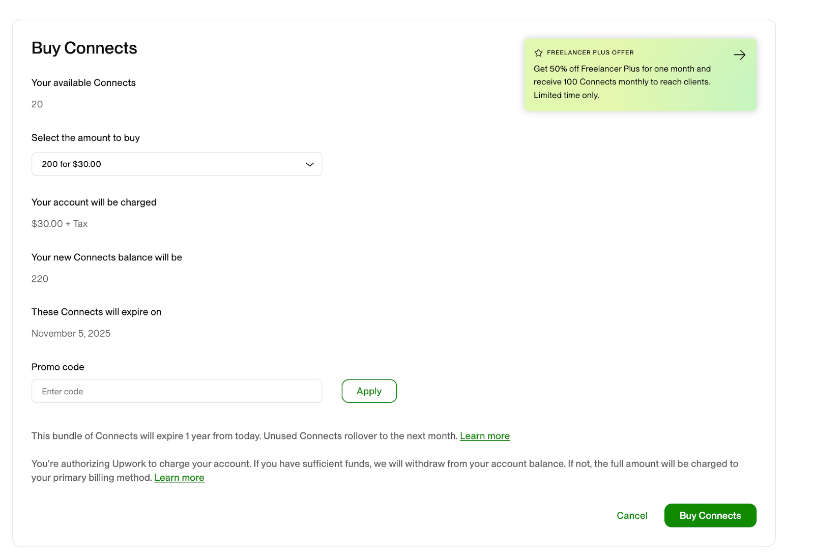 buying connects on upwork screenshot