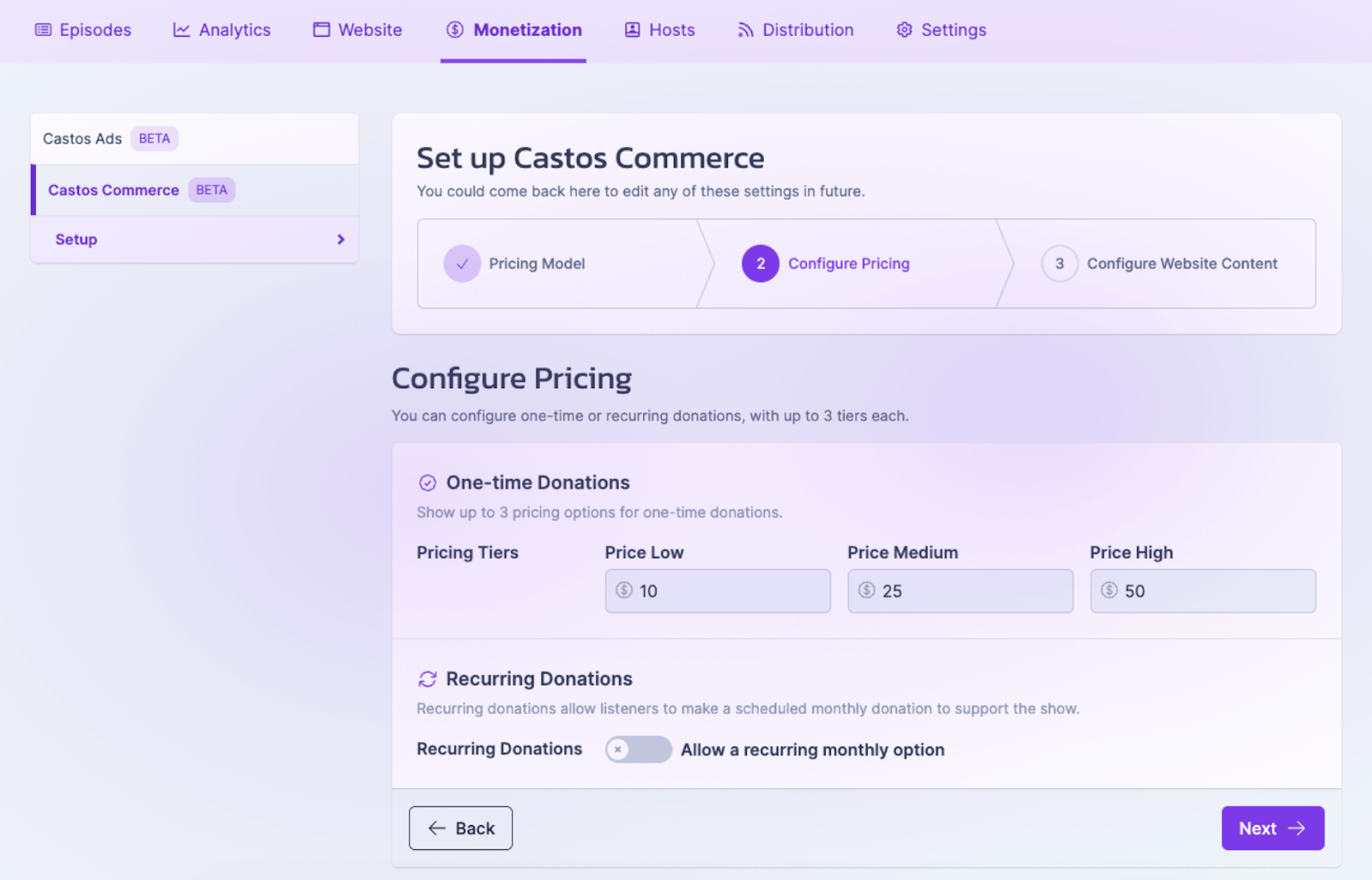 castos commerce pricing screenshot