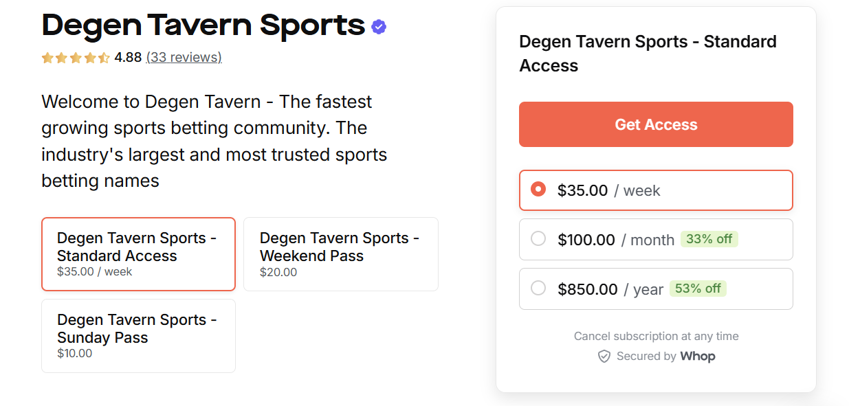 degen tavern sports pricing screenshot