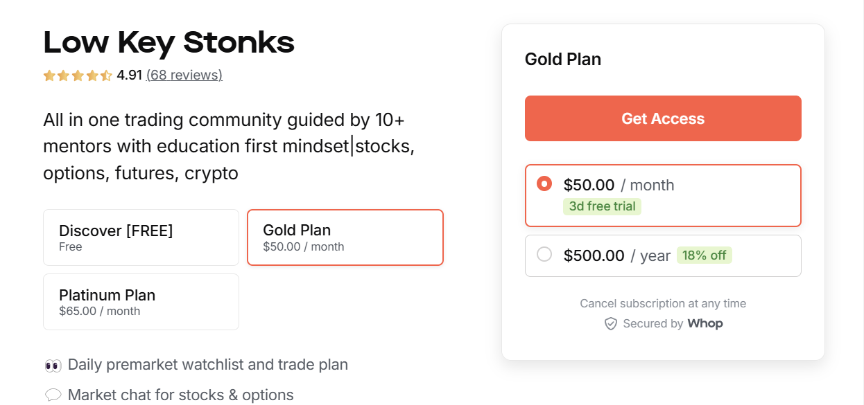 low key stonks whop marketplace screenshot